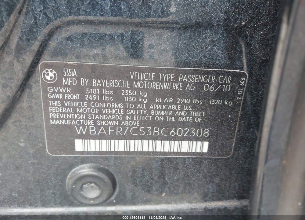 2011 BMW 535I VIN: WBAFR7C53BC602308