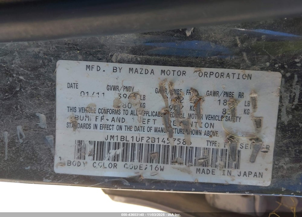 2011 MAZDA 3 I SPORT VIN: JM1BL1UF2B1457586