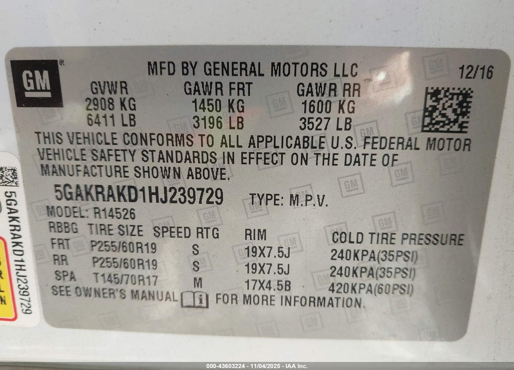2017 BUICK ENCLAVE CONVENIENCE VIN: 5GAKRAKD1HJ239729