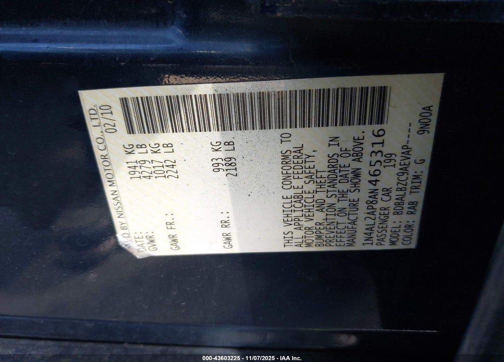 2010 NISSAN ALTIMA 2.5 S VIN: 1N4AL2AP8AN465316