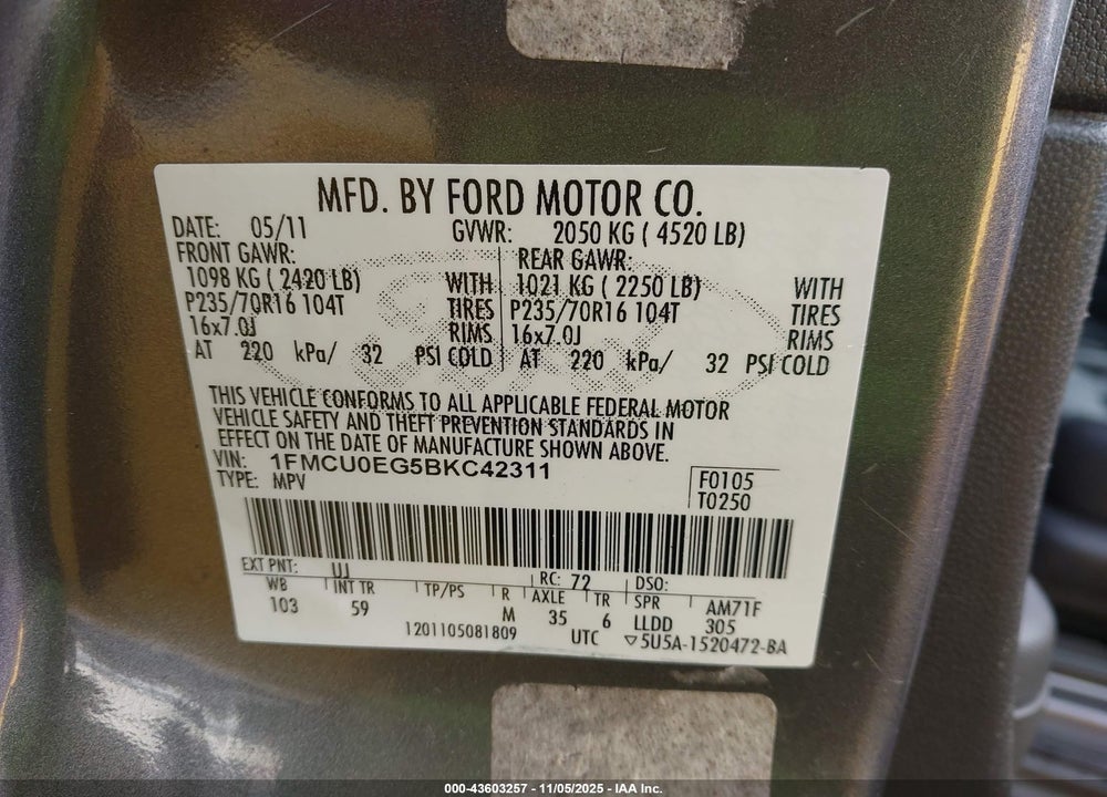 2011 FORD ESCAPE LIMITED VIN: 1FMCU0EG5BKC42311