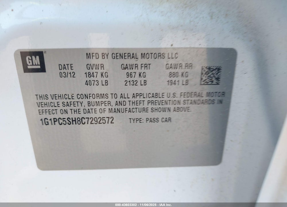 2012 CHEVROLET CRUZE VIN: 1G1PC5SH8C7292572
