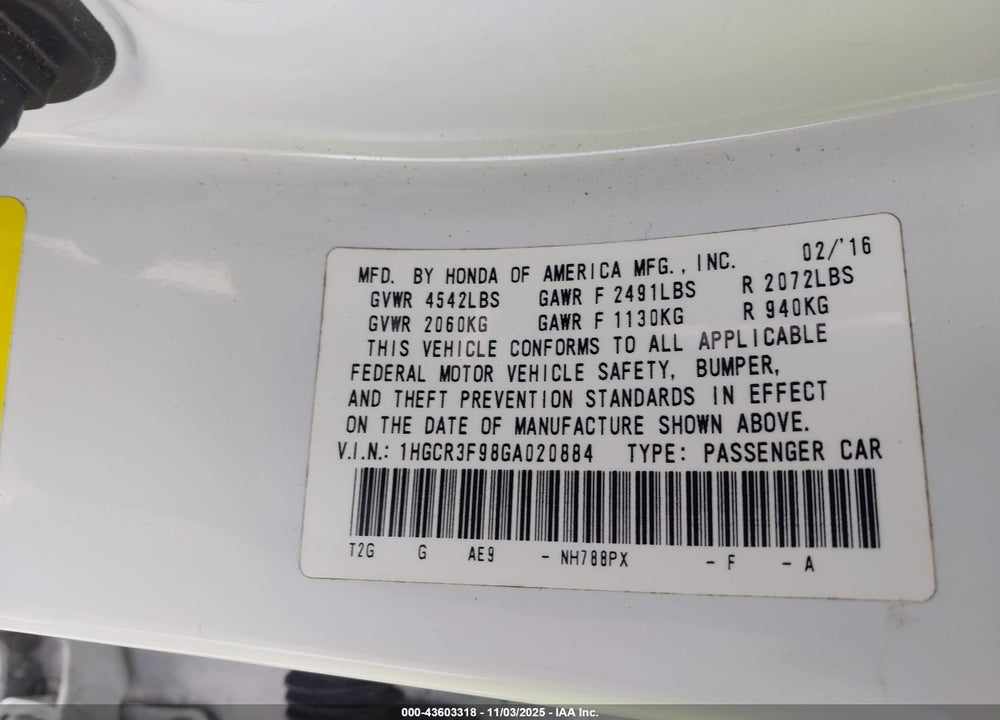 2016 HONDA ACCORD TOURING VIN: 1HGCR3F98GA020884