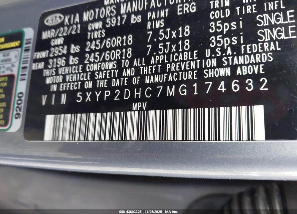 2021 KIA TELLURIDE VIN: 5XYP2DHC7MG174632