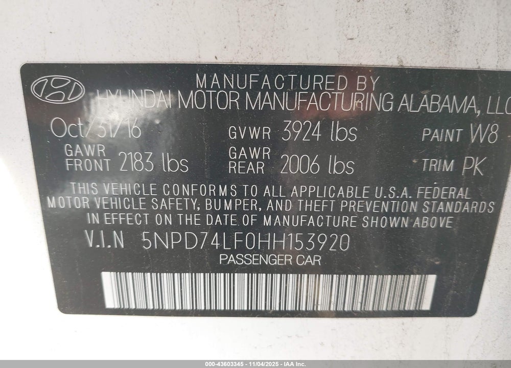 2017 HYUNDAI ELANTRA SE VIN: 5NPD74LF0HH153920