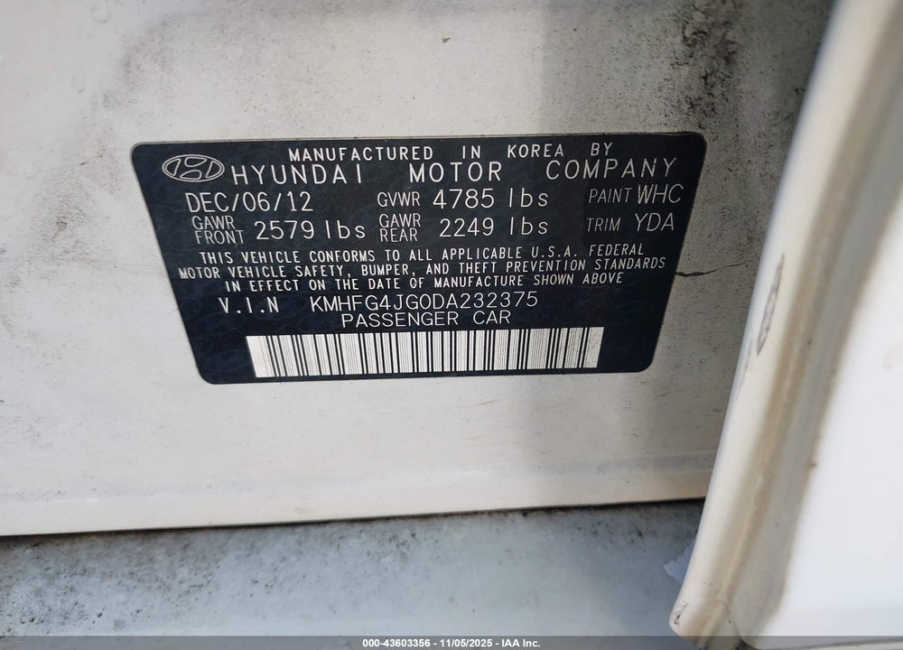 2013 HYUNDAI AZERA VIN: KMHFG4JG0DA232375