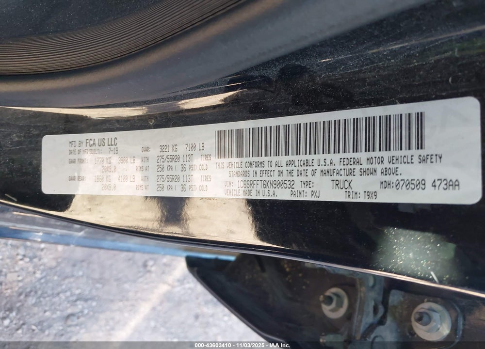 2019 RAM 1500 BIG HORN/LONE STAR 4X4 5'7 BOX VIN: 1C6SRFFT6KN900532