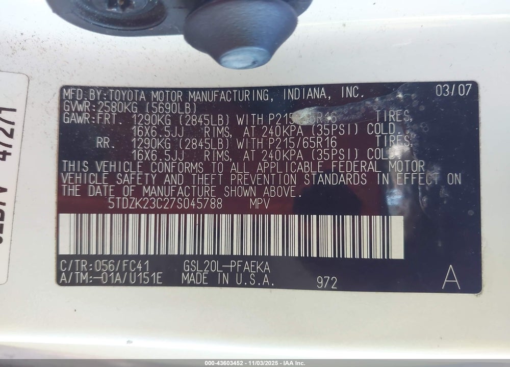 2007 TOYOTA SIENNA LE VIN: 5TDZK23C27S045788