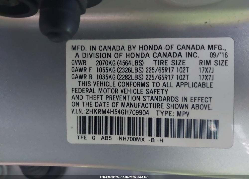 2016 HONDA CR-V EX VIN: 2HKRM4H54GH709904