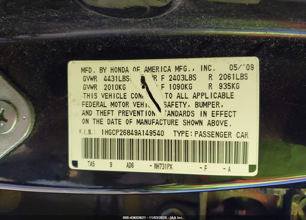 2009 HONDA ACCORD 2.4 EX-L VIN: 1HGCP26849A149540