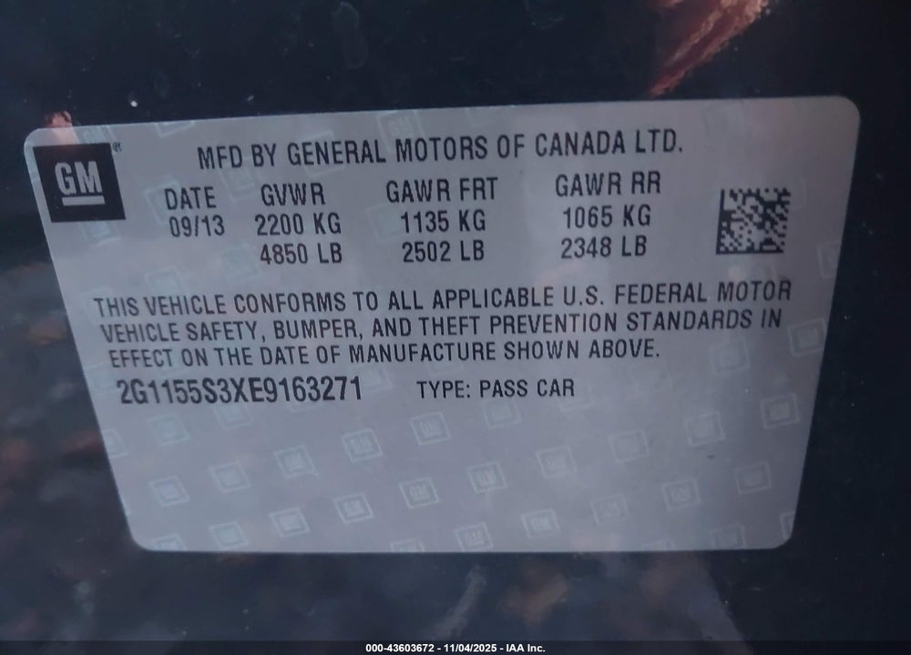 2014 CHEVROLET IMPALA 2LZ VIN: 2G1155S3XE9163271