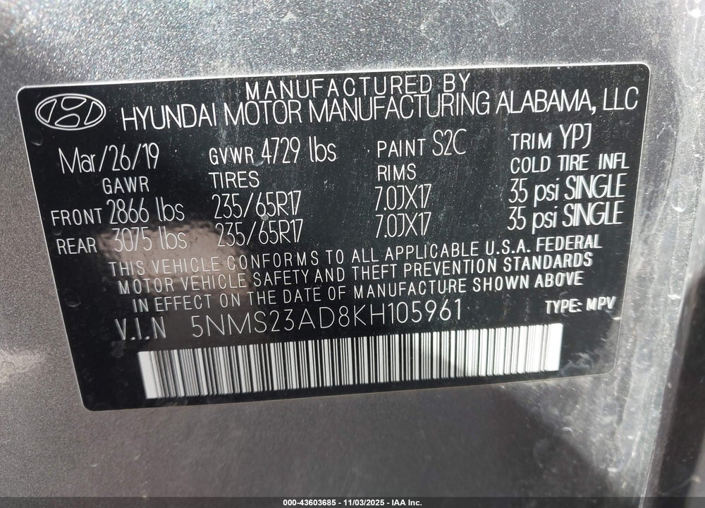 2019 HYUNDAI SANTA FE SE VIN: 5NMS23AD8KH105961