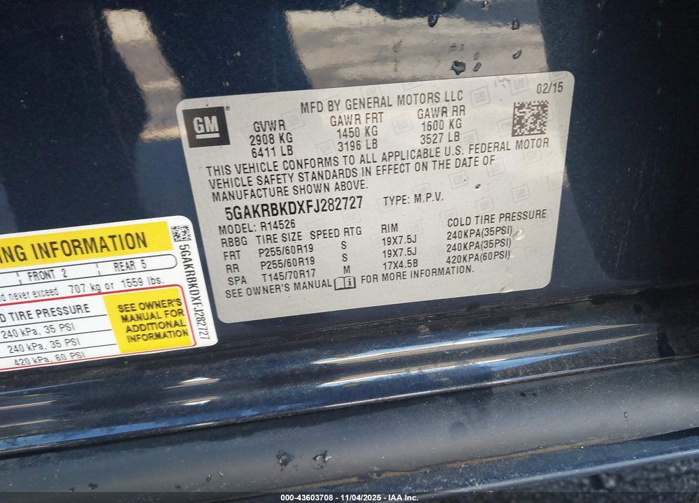 2015 BUICK ENCLAVE VIN: 5GAKRBKDXFJ282727