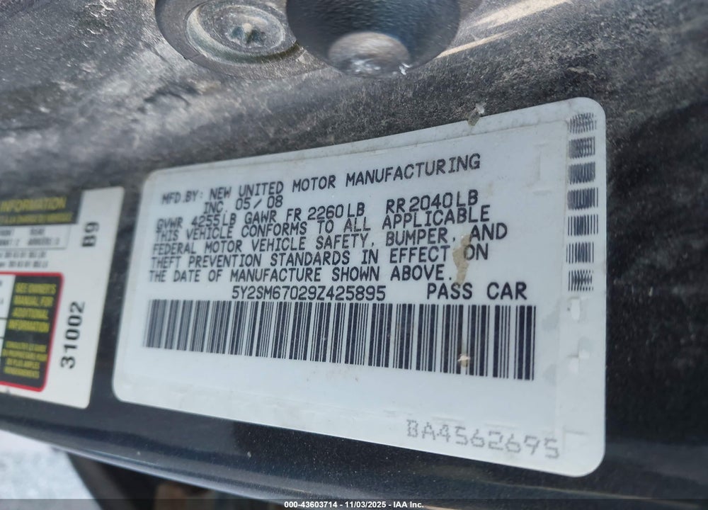 2009 PONTIAC VIBE VIN: 5Y2SM67029Z425895