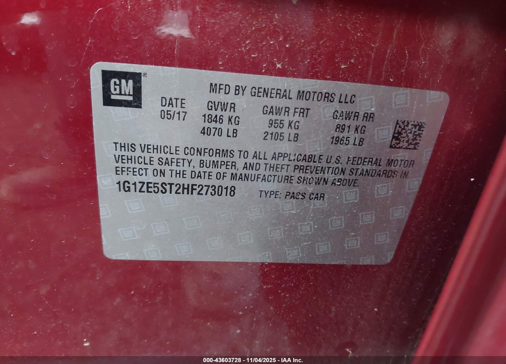 2017 CHEVROLET MALIBU 1LT VIN: 1G1ZE5ST2HF273018