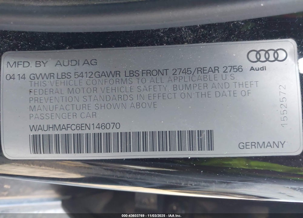2014 AUDI A6 3.0 TDI PREMIUM PLUS VIN: WAUHMAFC6EN146070