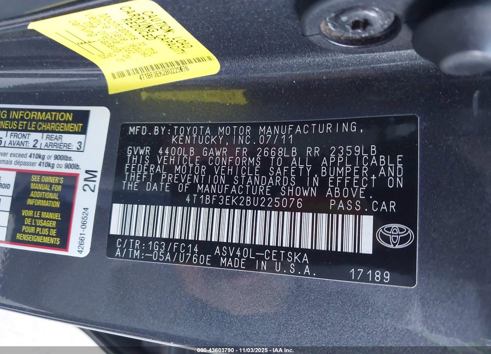 2011 TOYOTA CAMRY VIN: 4T1BF3EK2BU225076