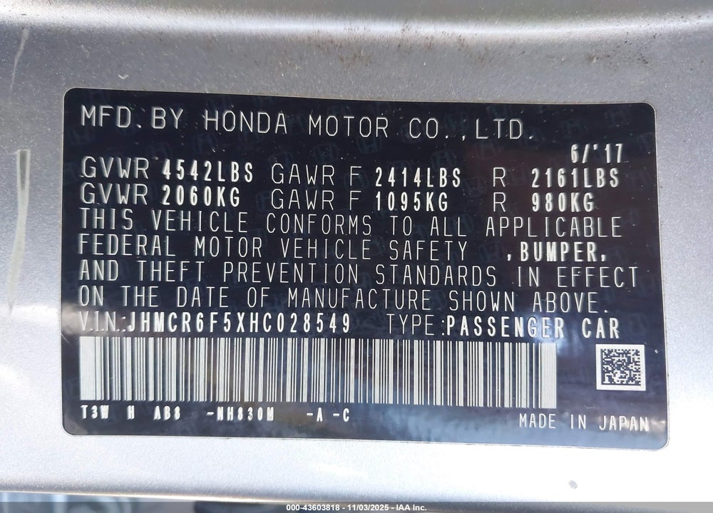 2017 HONDA ACCORD HYBRID EX-L VIN: JHMCR6F5XHC028549