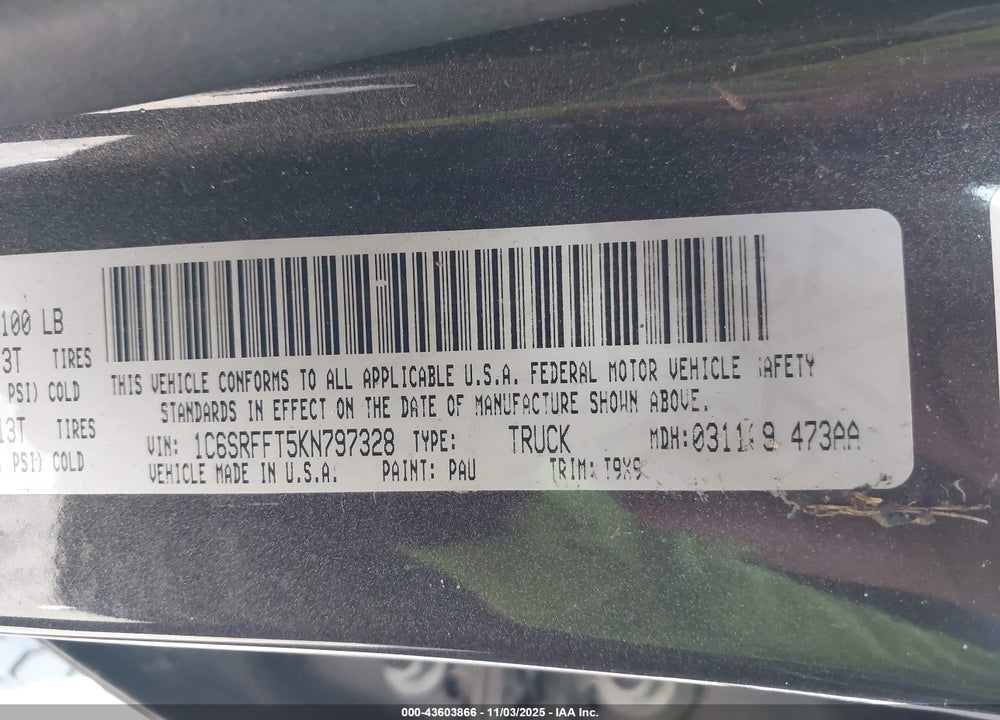 2019 RAM 1500 BIG HORN/LONE STAR 4X4 5'7 BOX VIN: 1C6SRFFT5KN797328