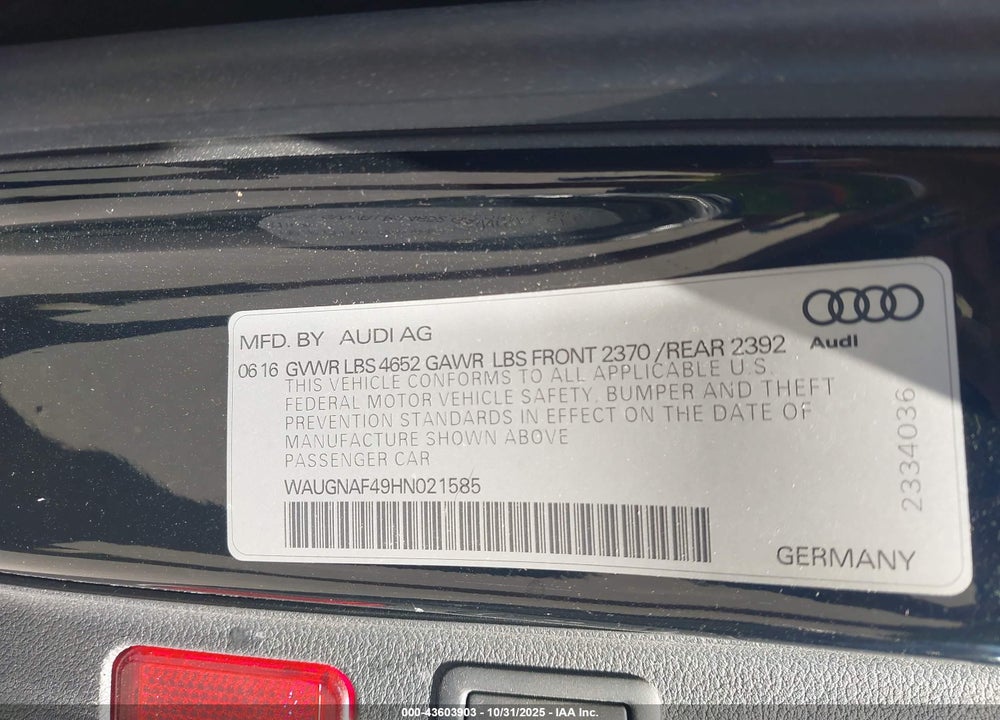 2017 AUDI A4 2.0T PREMIUM VIN: WAUGNAF49HN021585