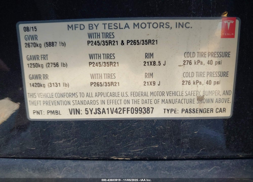 2015 TESLA MODEL S 85D/P85D VIN: 5YJSA1V42FF099387