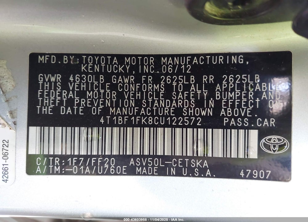 2012 TOYOTA CAMRY SE VIN: 4T1BF1FK8CU122572