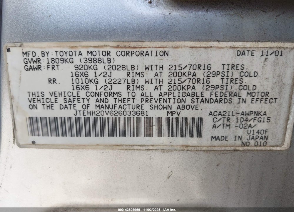 2002 TOYOTA RAV4 VIN: JTEHH20V626033681