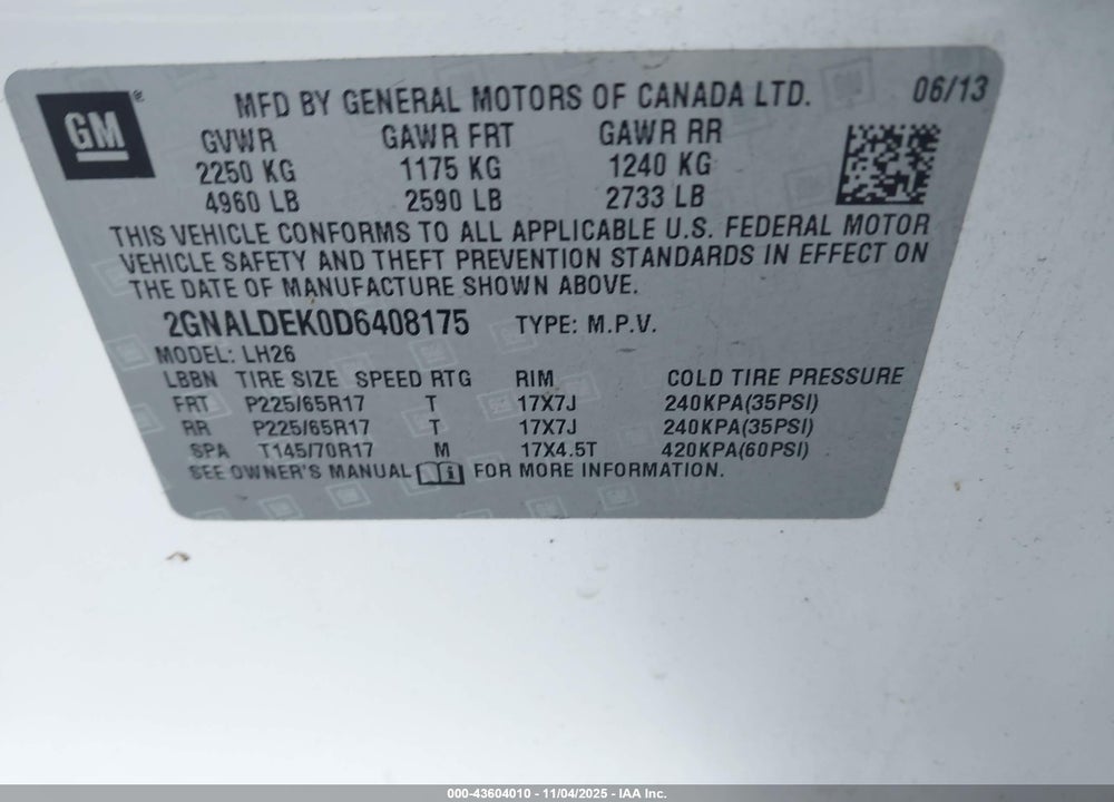 2013 CHEVROLET EQUINOX VIN: 2GNALDEK0D6408175