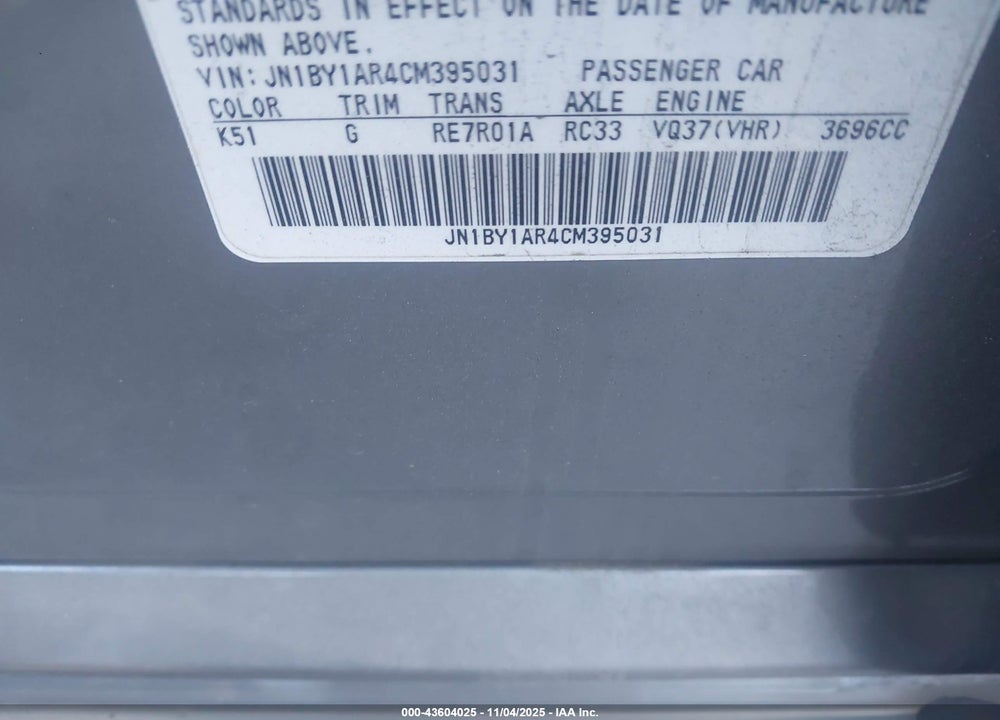 2012 INFINITI M37 BASE (A7) VIN: JN1BY1AR4CM395031