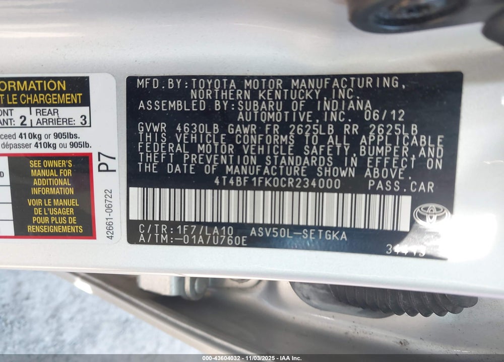 2012 TOYOTA CAMRY VIN: 4T4BF1FK0CR234000