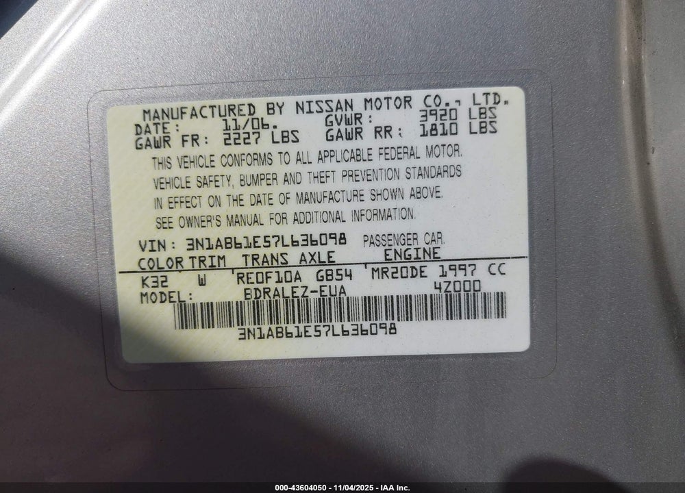 2007 NISSAN SENTRA 2.0S VIN: 3N1AB61E57L636098