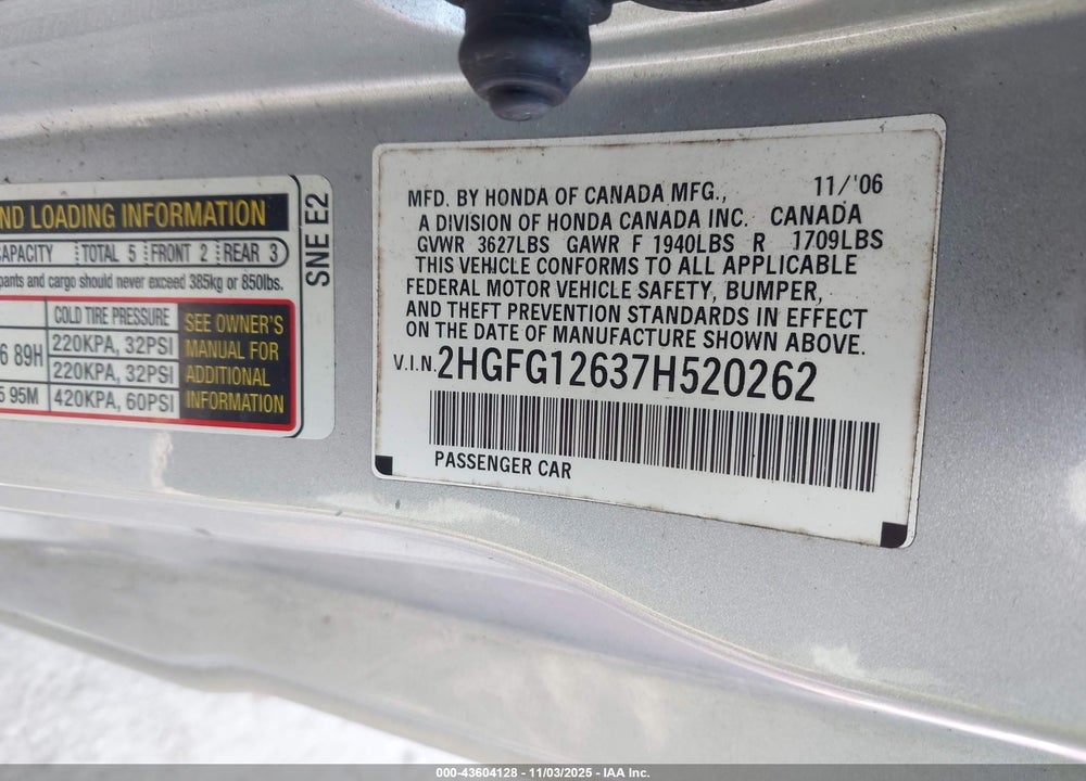 2007 HONDA CIVIC LX VIN: 2HGFG12637H520262