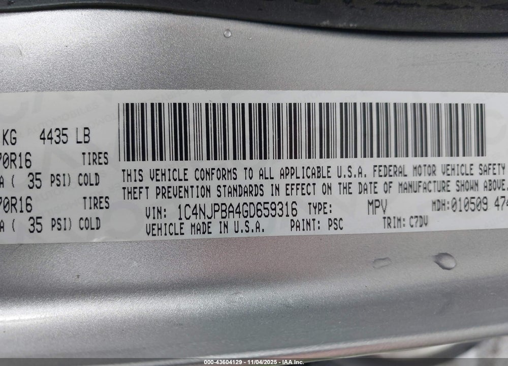 2016 JEEP PATRIOT VIN: 1C4NJPBA4GD659316