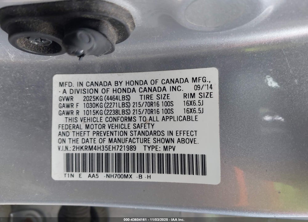 2014 HONDA CR-V LX VIN: 2HKRM4H35EH721989