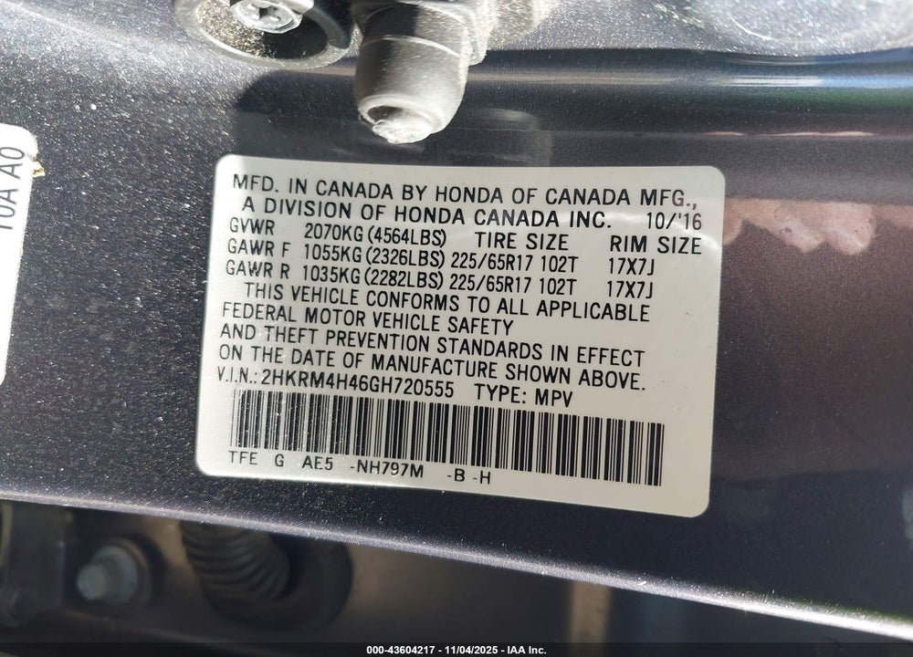 2016 HONDA CR-V VIN: 2HKRM4H46GH720555