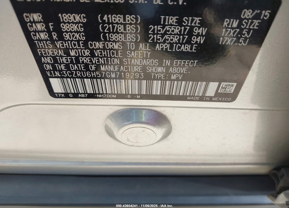 2016 HONDA HR-V EX VIN: 3CZRU6H57GM719293