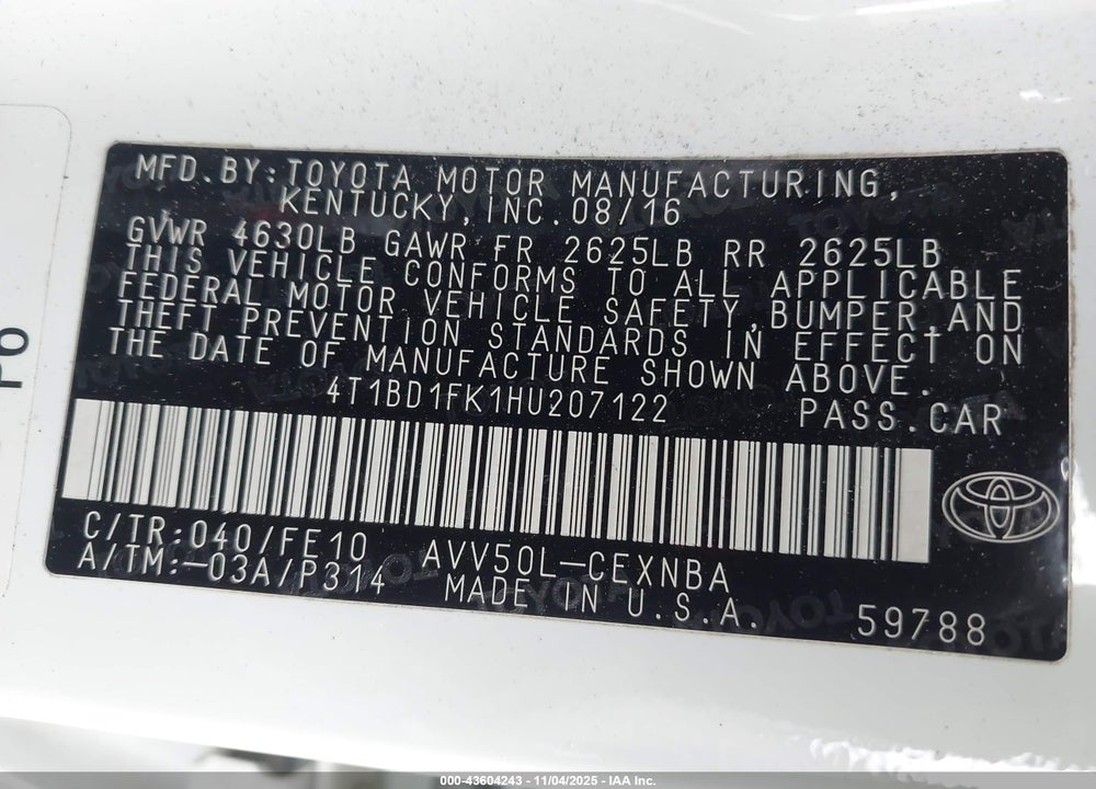 2017 TOYOTA CAMRY HYBRID LE VIN: 4T1BD1FK1HU207122