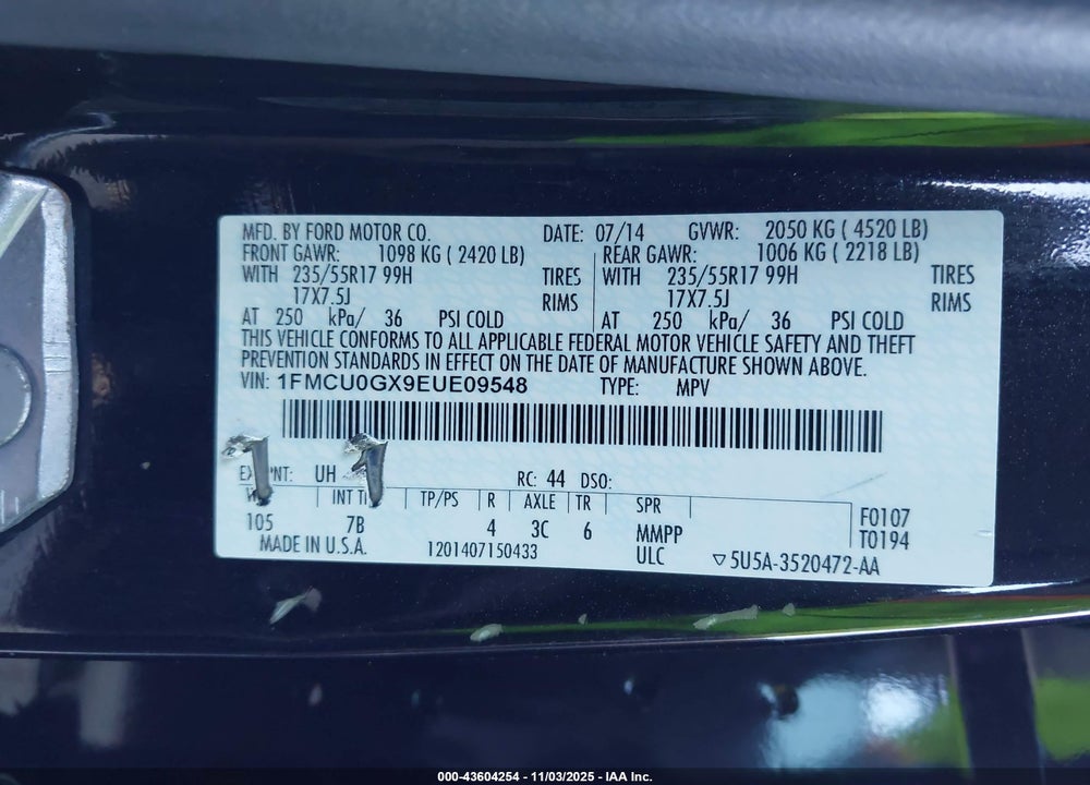 2014 FORD ESCAPE SE VIN: 1FMCU0GX9EUE09548