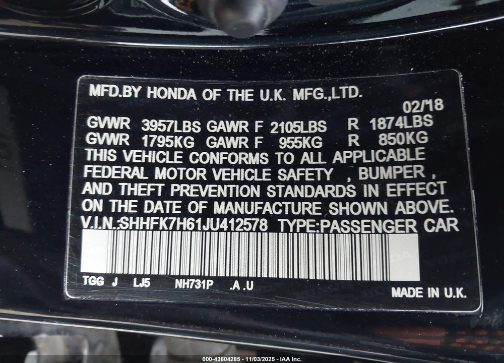 2018 HONDA CIVIC EX VIN: SHHFK7H61JU412578