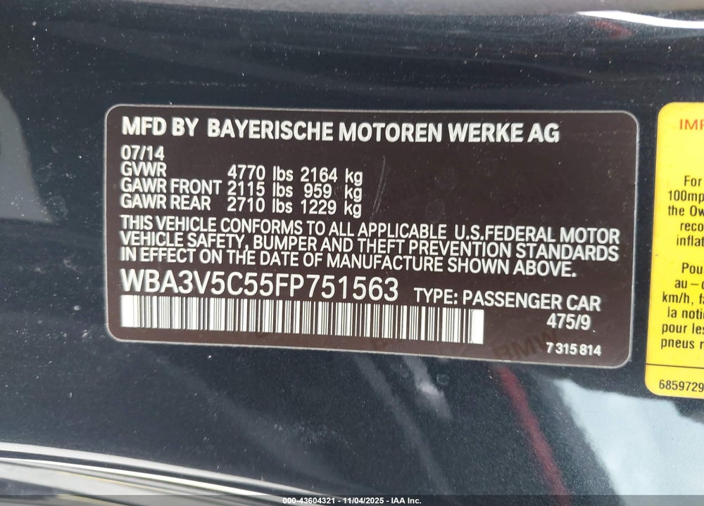 2015 BMW 428I VIN: WBA3V5C55FP751563