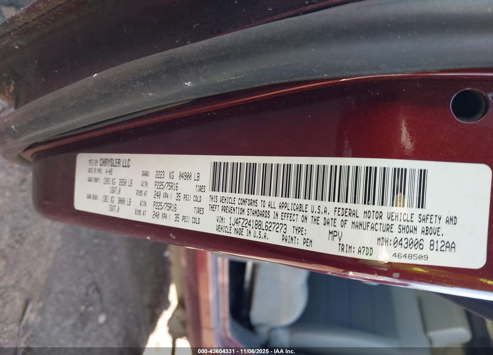 2008 JEEP WRANGLER X RHD VIN: 1J4FZ24188L627273