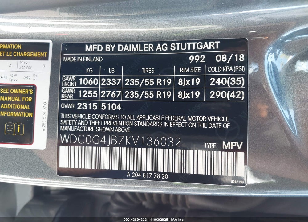 2019 MERCEDES-BENZ GLC CLASS VIN: WDC0G4JB7KV136032