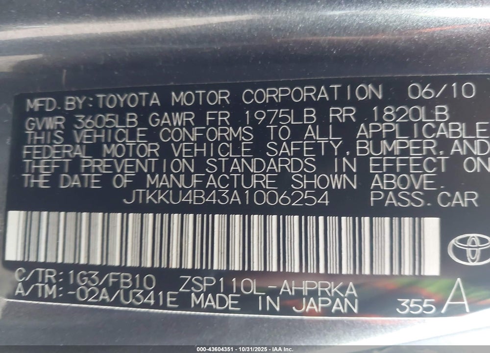 2010 SCION XD VIN: JTKKU4B43A1006254