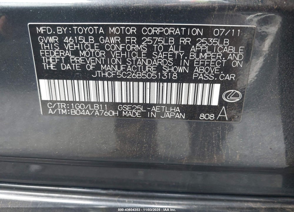 2011 LEXUS IS 250 VIN: JTHCF5C26B5051318