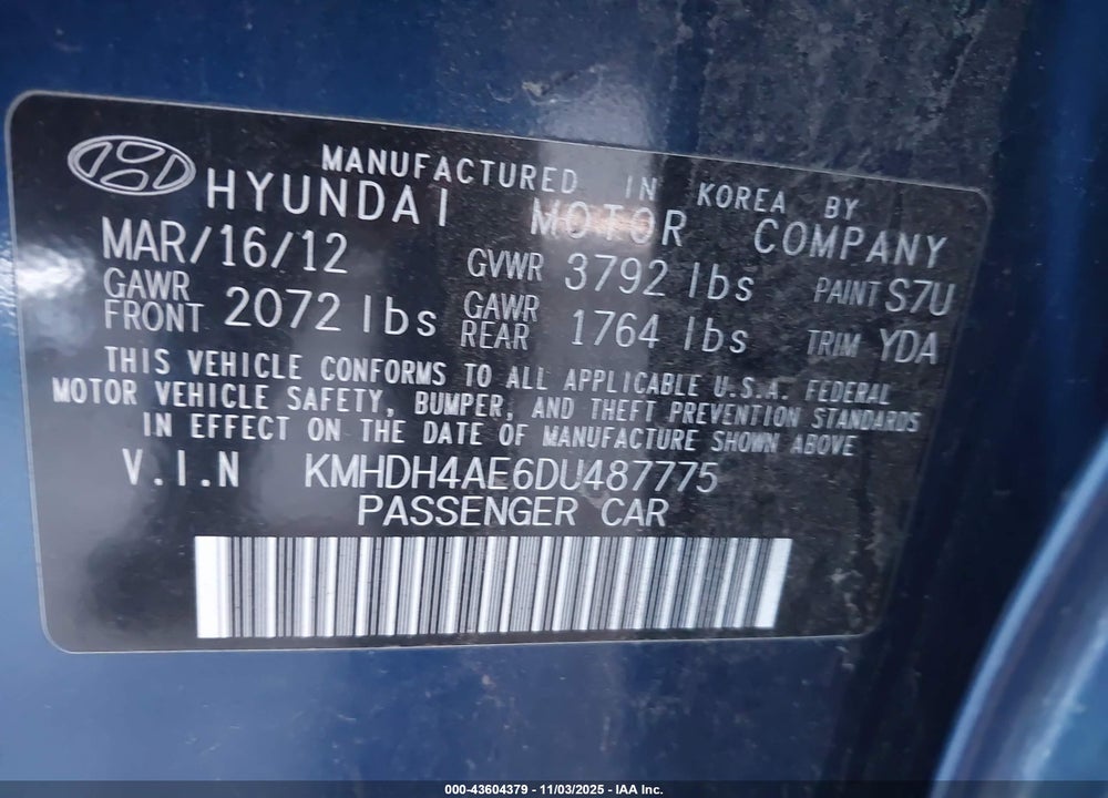 2013 HYUNDAI ELANTRA GLS/LIMITED VIN: KMHDH4AE6DU487775