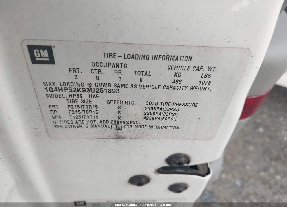 2003 BUICK LESABRE CUSTOM VIN: 1G4HP52K93U251893