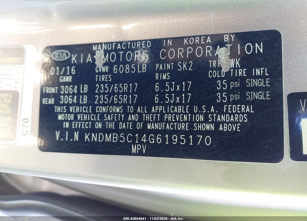 2016 KIA SEDONA LX VIN: KNDMB5C14G6195170