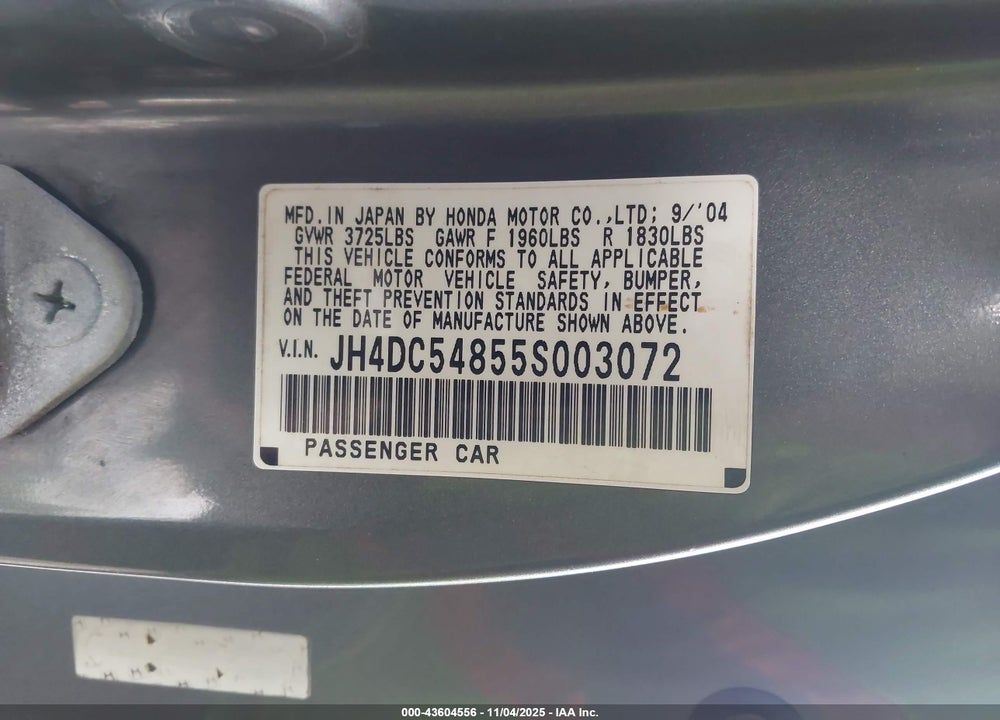 2005 ACURA RSX VIN: JH4DC54855S003072