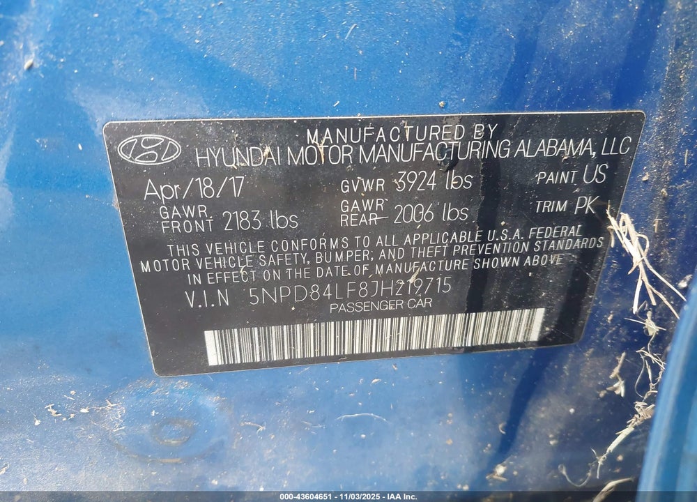 2018 HYUNDAI ELANTRA SEL VIN: 5NPD84LF8JH219715