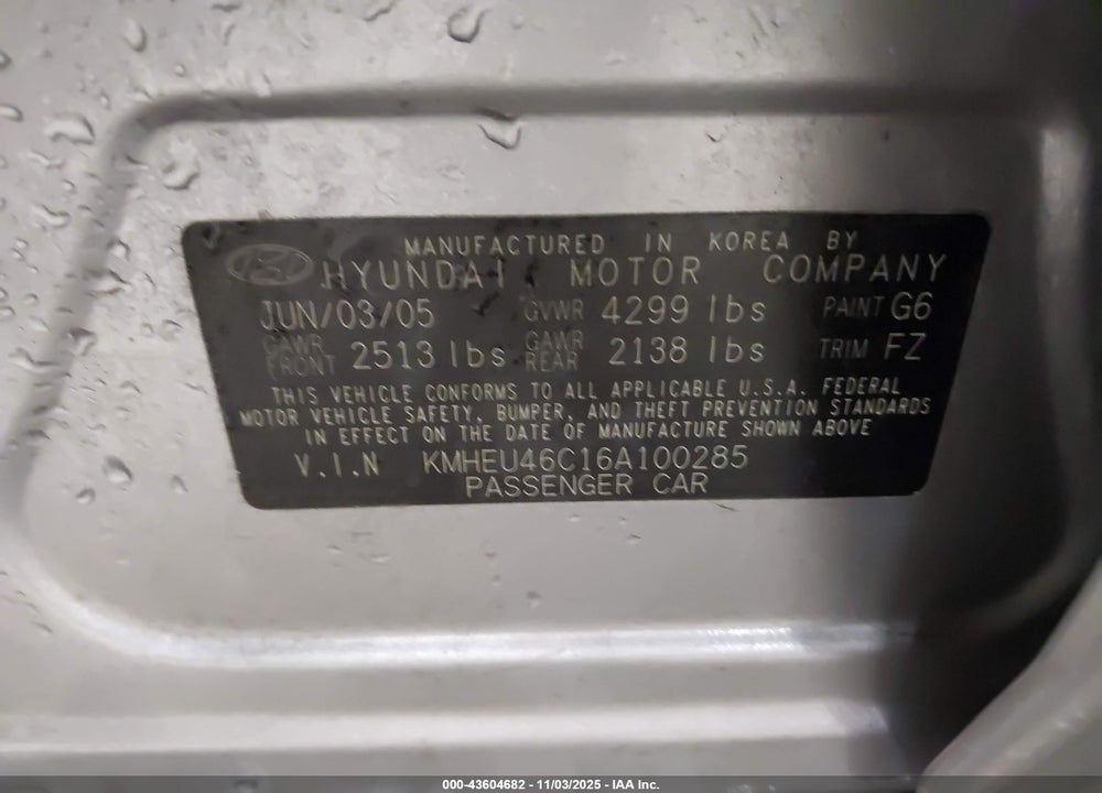 2006 HYUNDAI SONATA GLS VIN: KMHEU46C16A100285